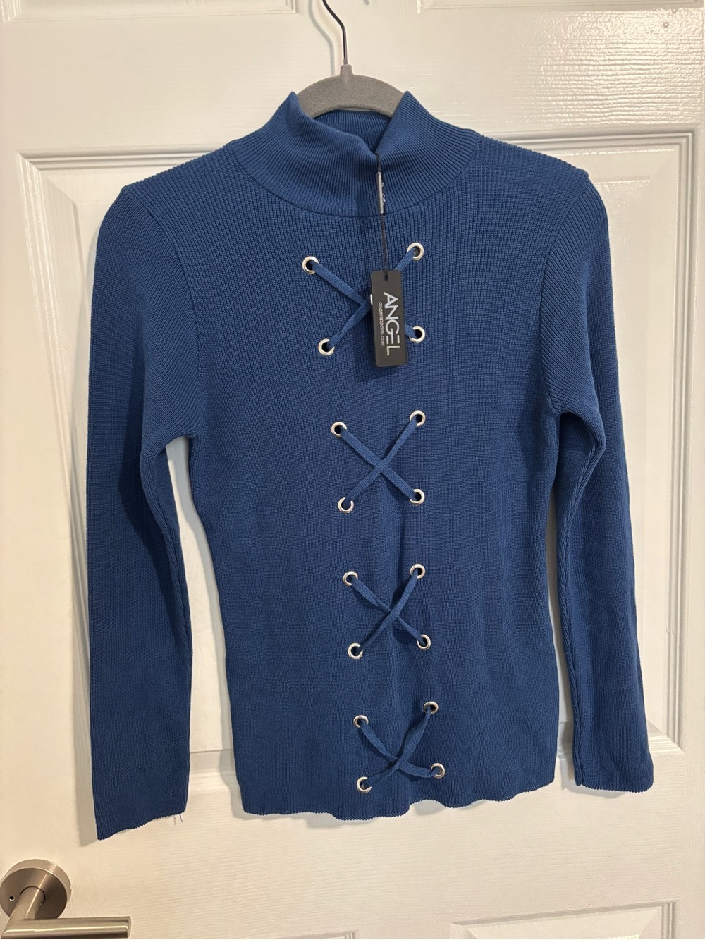 NWT ANGEL Women’s XS Blue Lace Up Corset Sweater Mock Neck Y2K Goth Punk Knit